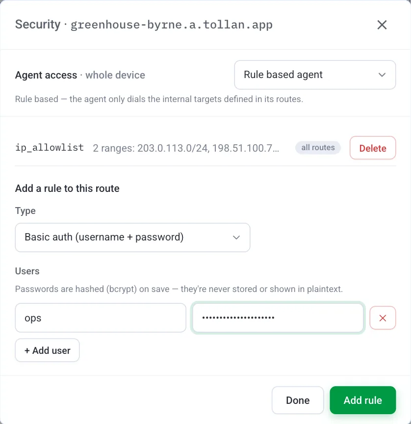 The Security dialog for a route with Basic auth selected, one user named ops and a masked password.