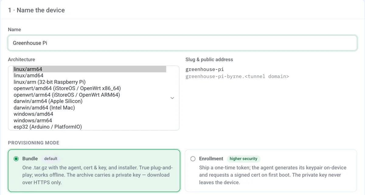 The console form for a new device: a name, the architecture list with linux/arm64 selected, and the provisioning mode.