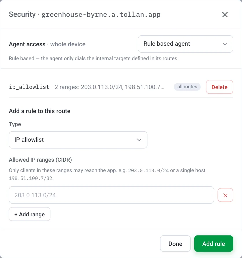 The Security dialog with IP allowlist selected and an address range entered.