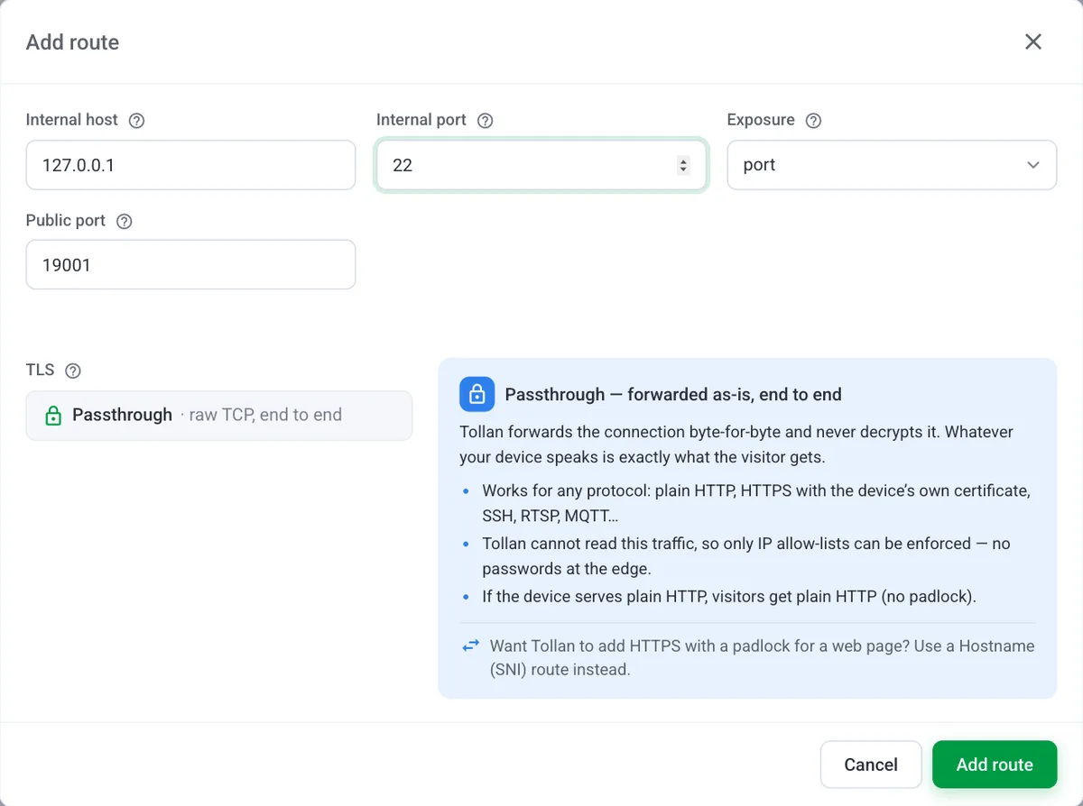 The Add route dialog with internal host 127.0.0.1, internal port 22, port exposure and an automatically assigned public port.