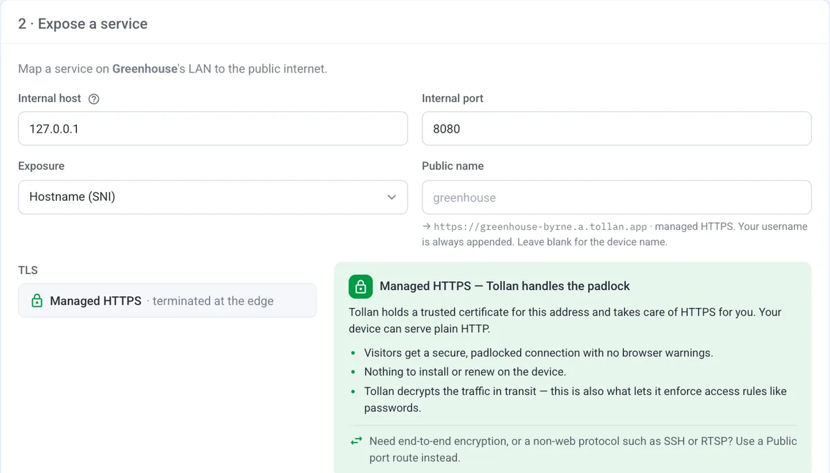 The route form: internal host 127.0.0.1, an internal port, Hostname (SNI) exposure and Managed HTTPS.